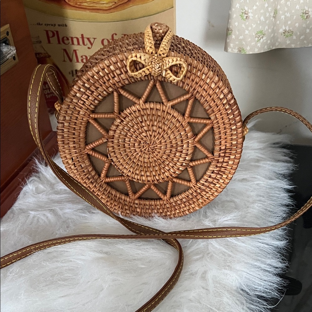 Handcrafted Tan Rattan Crossbody Bag